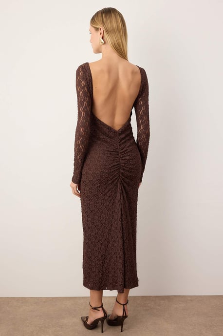 Braunes, einfarbiges, langes, schickes/figurbetontes Maxikleid für Damen - Image 3