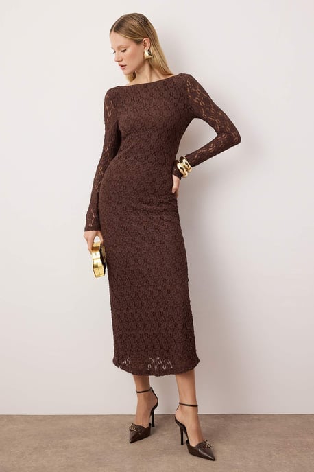 Braunes, einfarbiges, langes, schickes/figurbetontes Maxikleid für Damen - Image 4