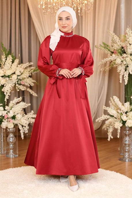 Perlen Satin Abendkleid Burgunderrot - Image 2