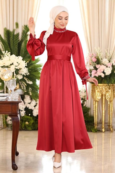 Perlen Satin Abendkleid Burgunderrot - Image 3