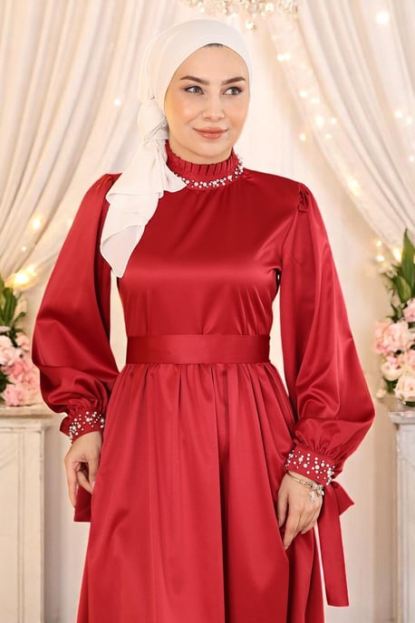 Perlen Satin Abendkleid Burgunderrot - Image 4