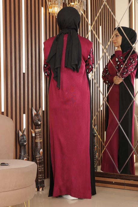 Gemustert Sleeve Strick Kleid Weinrot - Image 3