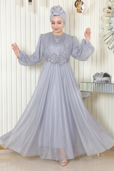 Perlen Detailed Drapiert Glitzernd Abendkleid Grau - Image 1