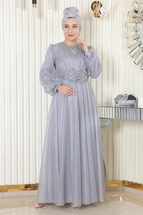 Perlen Detailed Drapiert Glitzernd Abendkleid Grau - Image 2