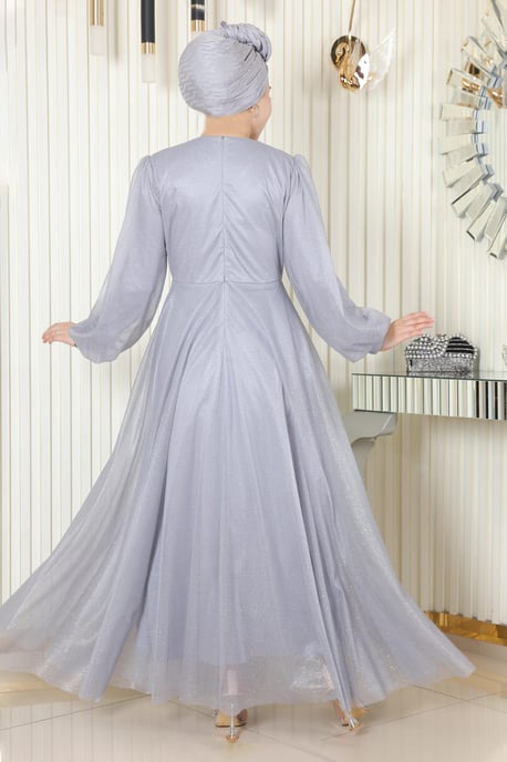 Perlen Detailed Drapiert Glitzernd Abendkleid Grau - Image 3