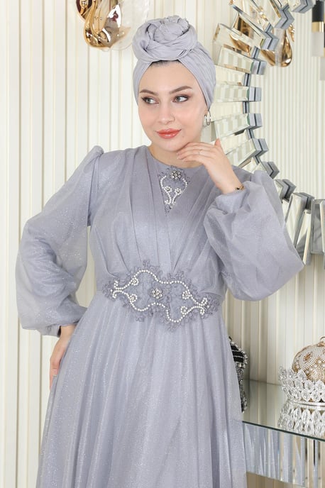 Perlen Detailed Drapiert Glitzernd Abendkleid Grau - Image 4