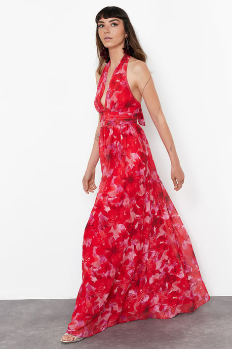 Damen-Abendkleid mit Blumenmuster, Standard-Spaghettiträgern, schmaler Passform, geeignet für Abschlussball und Abiball - Image 2