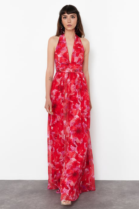 Damen-Abendkleid mit Blumenmuster, Standard-Spaghettiträgern, schmaler Passform, geeignet für Abschlussball und Abiball - Image 4