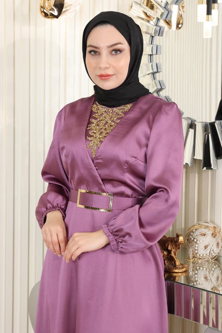 Satin Abendkleid With Stein Details, Altrosa - Image 4