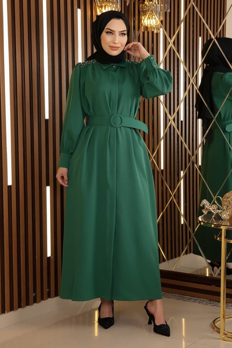Stein Detailed Mit Gürtel Kleid Smaragdgrün - Image 1