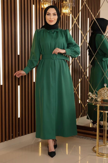 Stein Detailed Mit Gürtel Kleid Smaragdgrün - Image 2