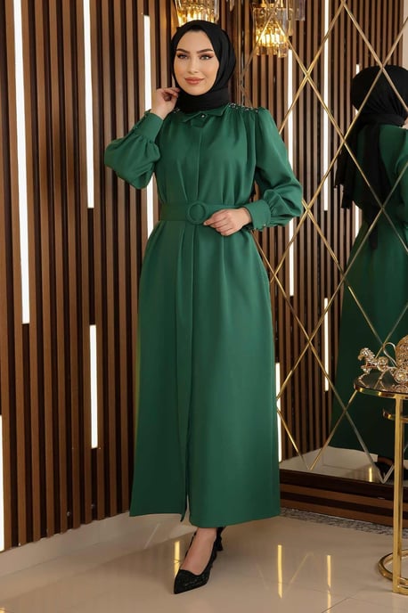 Stein Detailed Mit Gürtel Kleid Smaragdgrün - Image 3