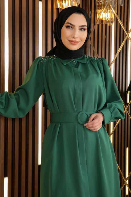 Stein Detailed Mit Gürtel Kleid Smaragdgrün - Image 4