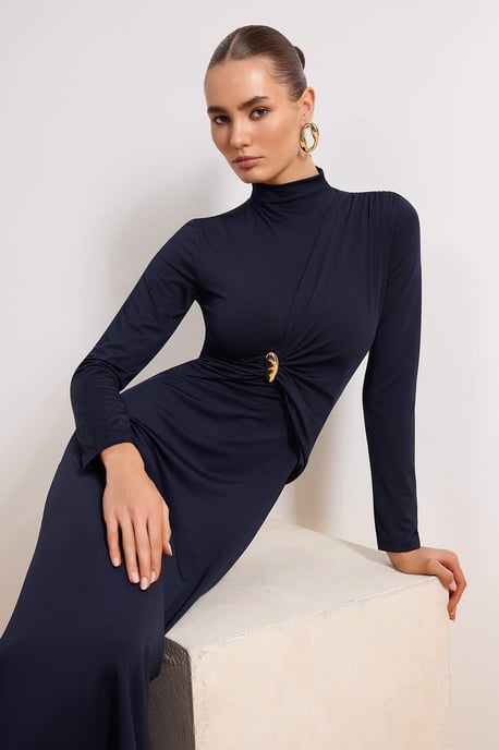 Marineblaues, flaches, langes, figurbetontes Hijab-Kleid für Damen, lässig/alltagstauglich - Image 4