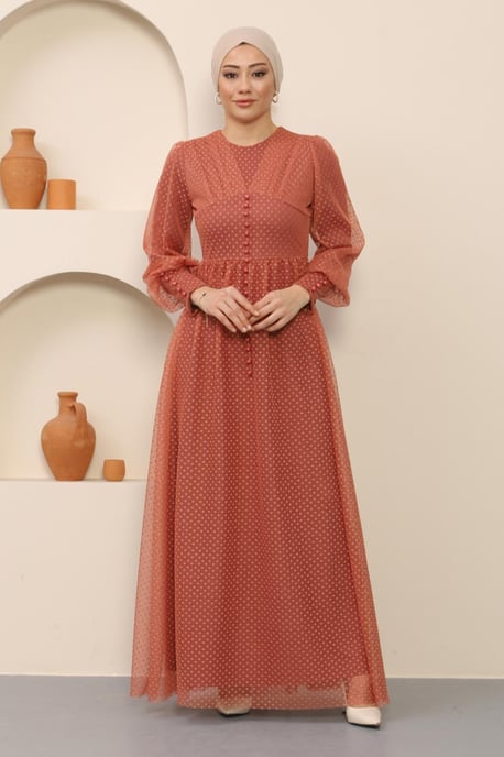Knopf Detailed Tüll Abendkleid Lachs - Image 2