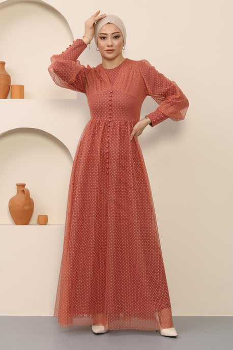 Knopf Detailed Tüll Abendkleid Lachs - Image 3