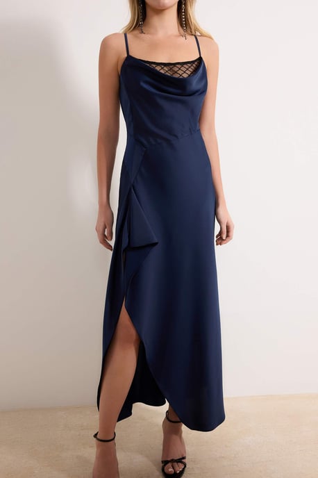 Damen marineblaues, flaches, ärmelloses Midi-Kleid, schickes Abendkleid/Slipkleid - Image 3