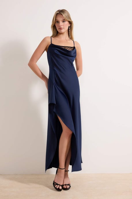 Damen marineblaues, flaches, ärmelloses Midi-Kleid, schickes Abendkleid/Slipkleid - Image 4