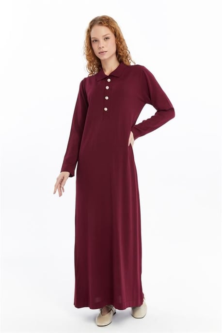 Damen Hemd Kragen Detailed Halbplacket Thin Seasonal Cold Yarn Strickwaren Kleid Burgunderrot - Image 2