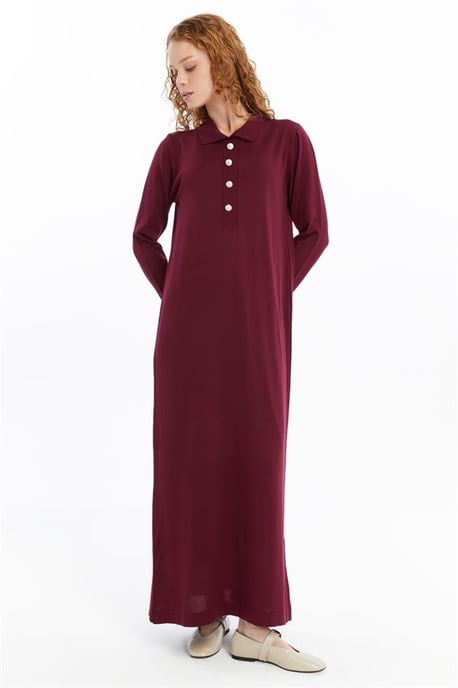 Damen Hemd Kragen Detailed Halbplacket Thin Seasonal Cold Yarn Strickwaren Kleid Burgunderrot - Image 3