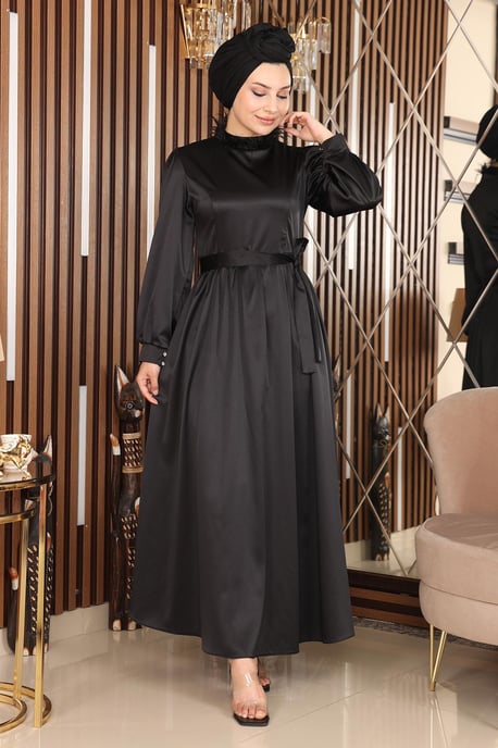 Feder Detailed Satin Abendkleid Schwarz - Image 2
