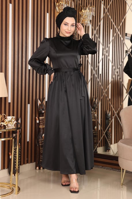 Feder Detailed Satin Abendkleid Schwarz - Image 3