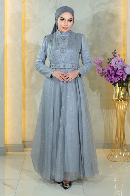 Stein Detailed, Drapiert Chest, Glitzernd Abendkleid, Silber - Image 2