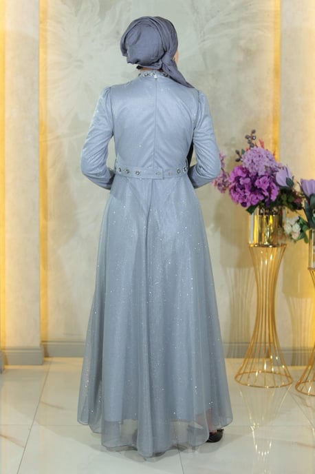 Stein Detailed, Drapiert Chest, Glitzernd Abendkleid, Silber - Image 3