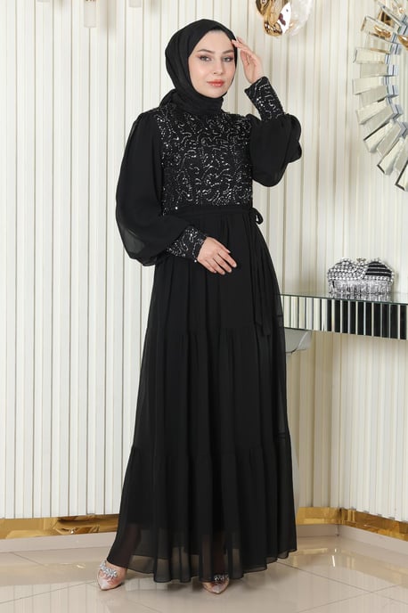 Pailletten Chiffon Abendkleid Schwarz - Image 2
