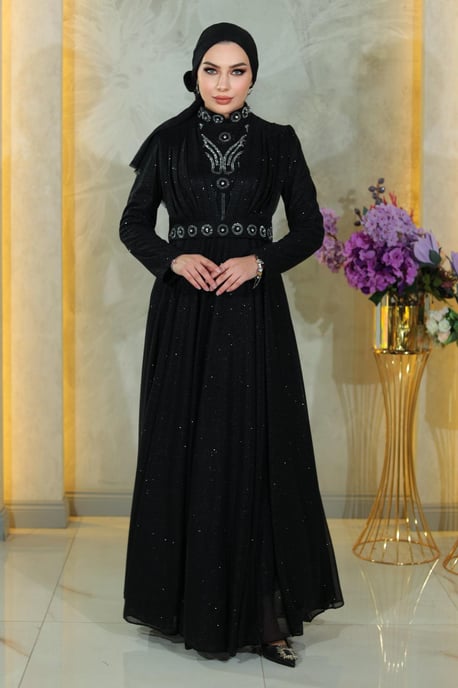 Stein Detailed, Drapiert Chest, Glitzernd Abendkleid, Schwarz - Image 2