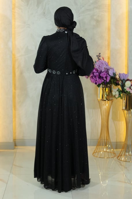 Stein Detailed, Drapiert Chest, Glitzernd Abendkleid, Schwarz - Image 3
