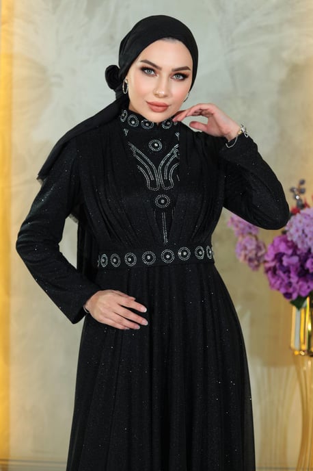 Stein Detailed, Drapiert Chest, Glitzernd Abendkleid, Schwarz - Image 4