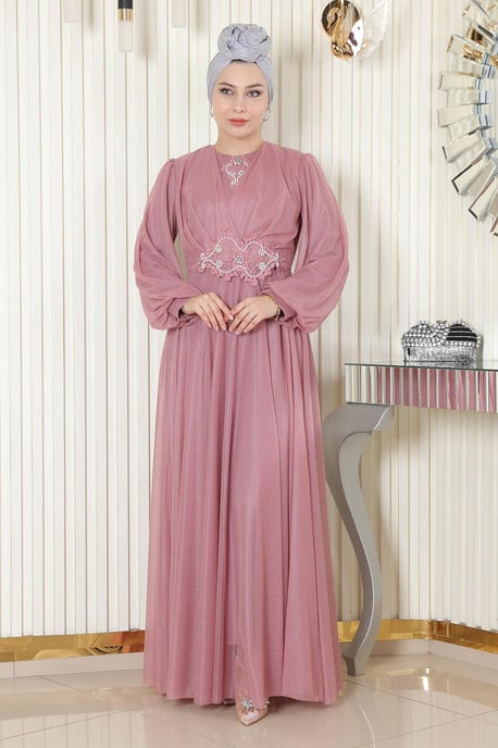 Perlen Detailed Drapiert Glitter Abendkleid Altrosa - Image 2