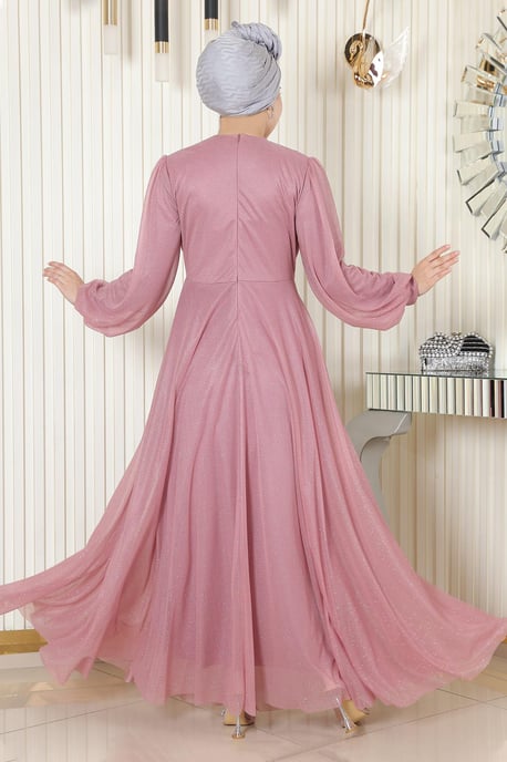 Perlen Detailed Drapiert Glitter Abendkleid Altrosa - Image 3