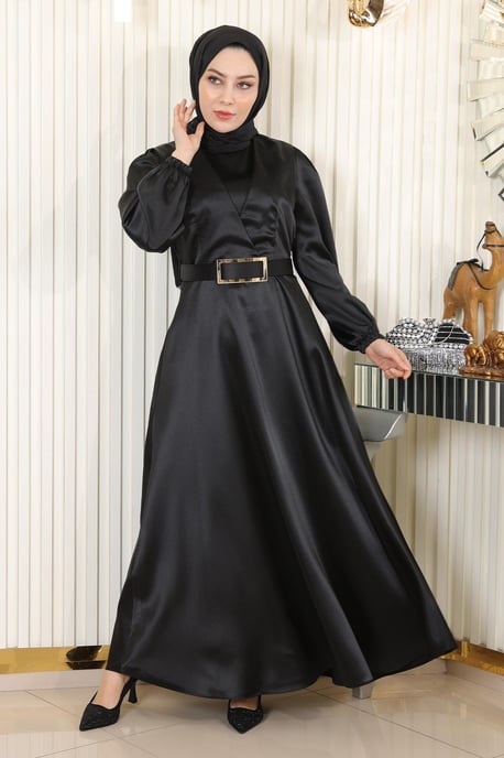 Mit Gürtel Satin Abendkleid Schwarz - Image 1