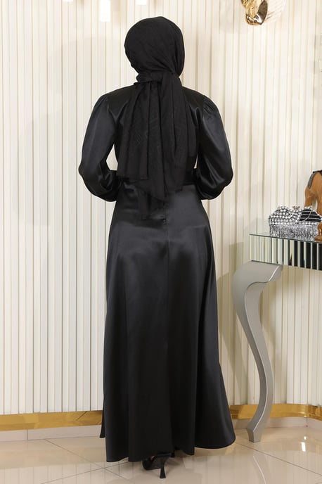 Mit Gürtel Satin Abendkleid Schwarz - Image 3
