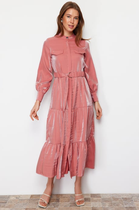 Langes, elegantes, schlichtes, modisches Kleid in Rosa, Unifarben, reguläre Passform - Image 1