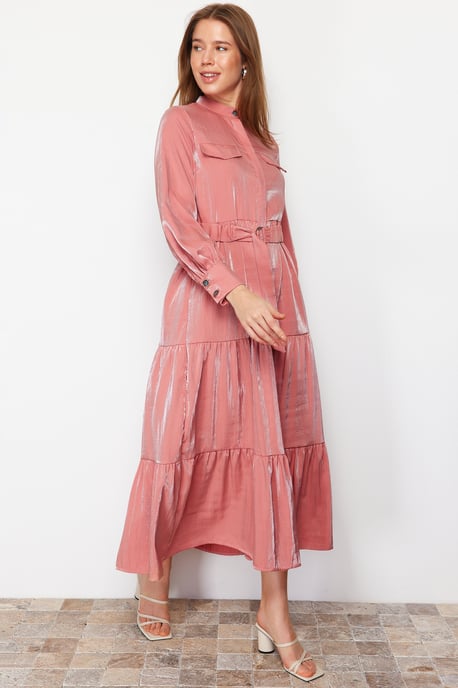 Langes, elegantes, schlichtes, modisches Kleid in Rosa, Unifarben, reguläre Passform - Image 2