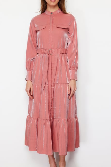 Langes, elegantes, schlichtes, modisches Kleid in Rosa, Unifarben, reguläre Passform - Image 3