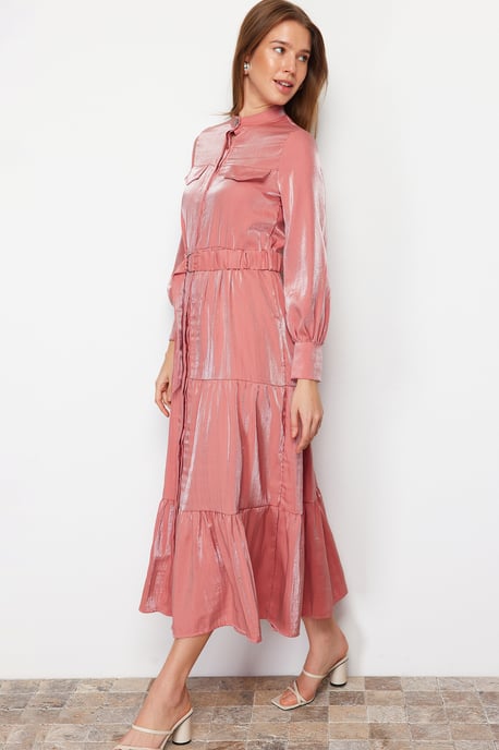 Langes, elegantes, schlichtes, modisches Kleid in Rosa, Unifarben, reguläre Passform - Image 4