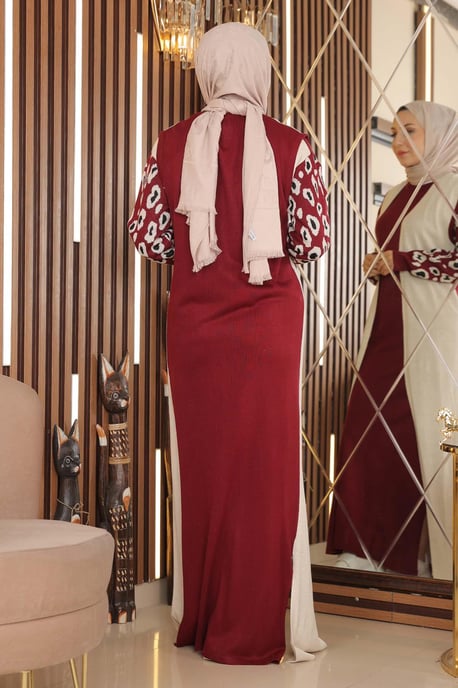 Gemustert Sleeve Strick Kleid Burgunderrot - Image 2