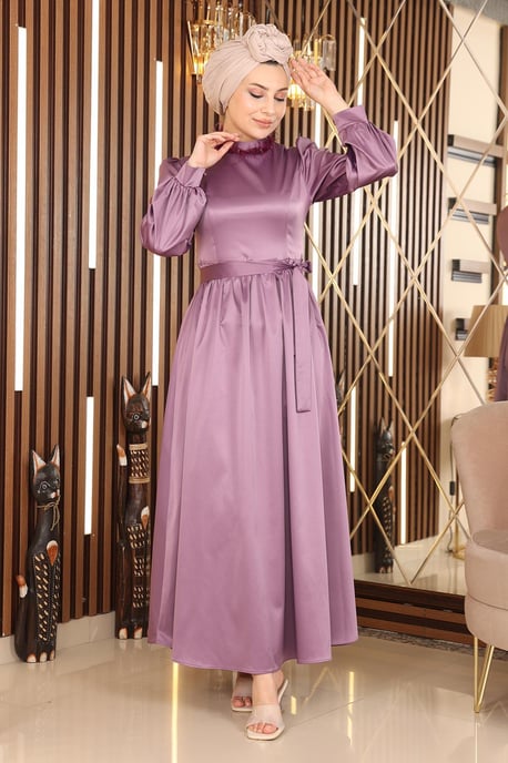 Satin Abendkleid With Feder Detail, Flieder - Image 2