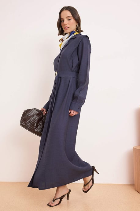 Damen marineblaues, flaches Maxikleid mit Hijab-Absatz, lang, lässig/alltagstauglich - Image 4