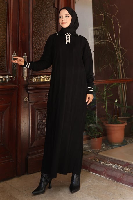 Knopf Detailed Strick Kleid Schwarz - Image 1