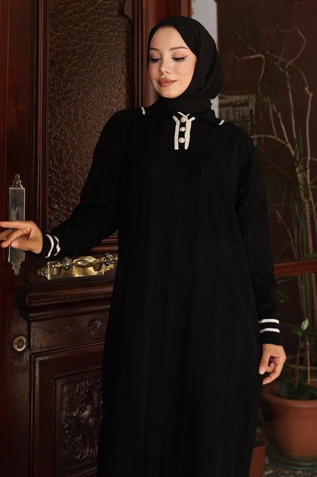 Knopf Detailed Strick Kleid Schwarz - Image 4