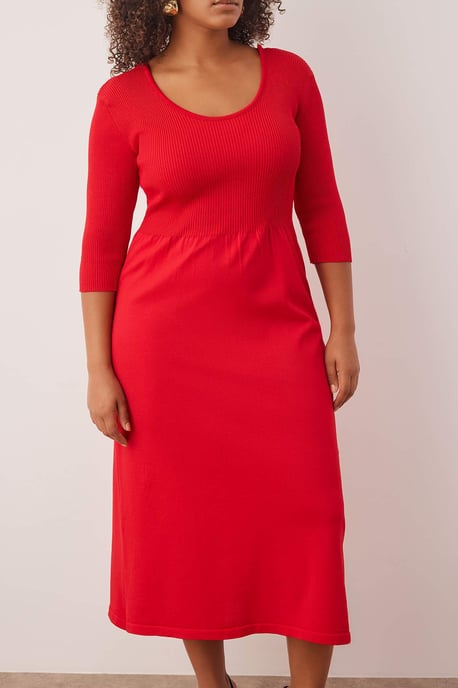 Curve Damen Unifarben Midi Dreiviertelärmel Lässiges A-Linien-Kleid in Übergrößen - Image 3