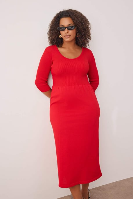 Curve Damen Unifarben Midi Dreiviertelärmel Lässiges A-Linien-Kleid in Übergrößen - Image 4