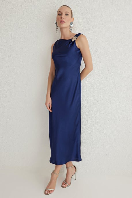Damen-Midikleid in Marineblau, schlicht, mit Spaghettiträgern, elegant/figurbetont - Image 1