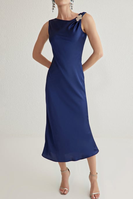 Damen-Midikleid in Marineblau, schlicht, mit Spaghettiträgern, elegant/figurbetont - Image 4