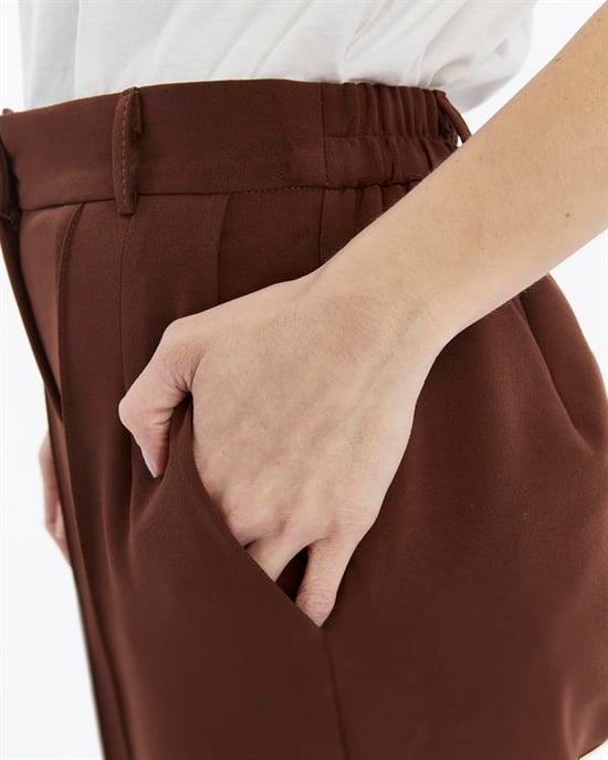 Damen Doppelt Krepp Grasnaht Detailed Tasche Palazzo-Hose Braun - Image 5